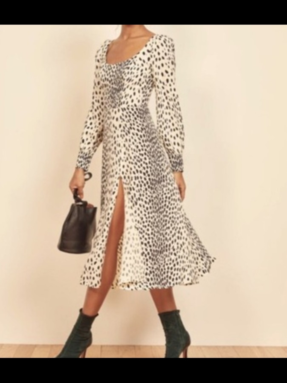 Reformation Cream and Black Spotted Long-Sleeve Midi Dress